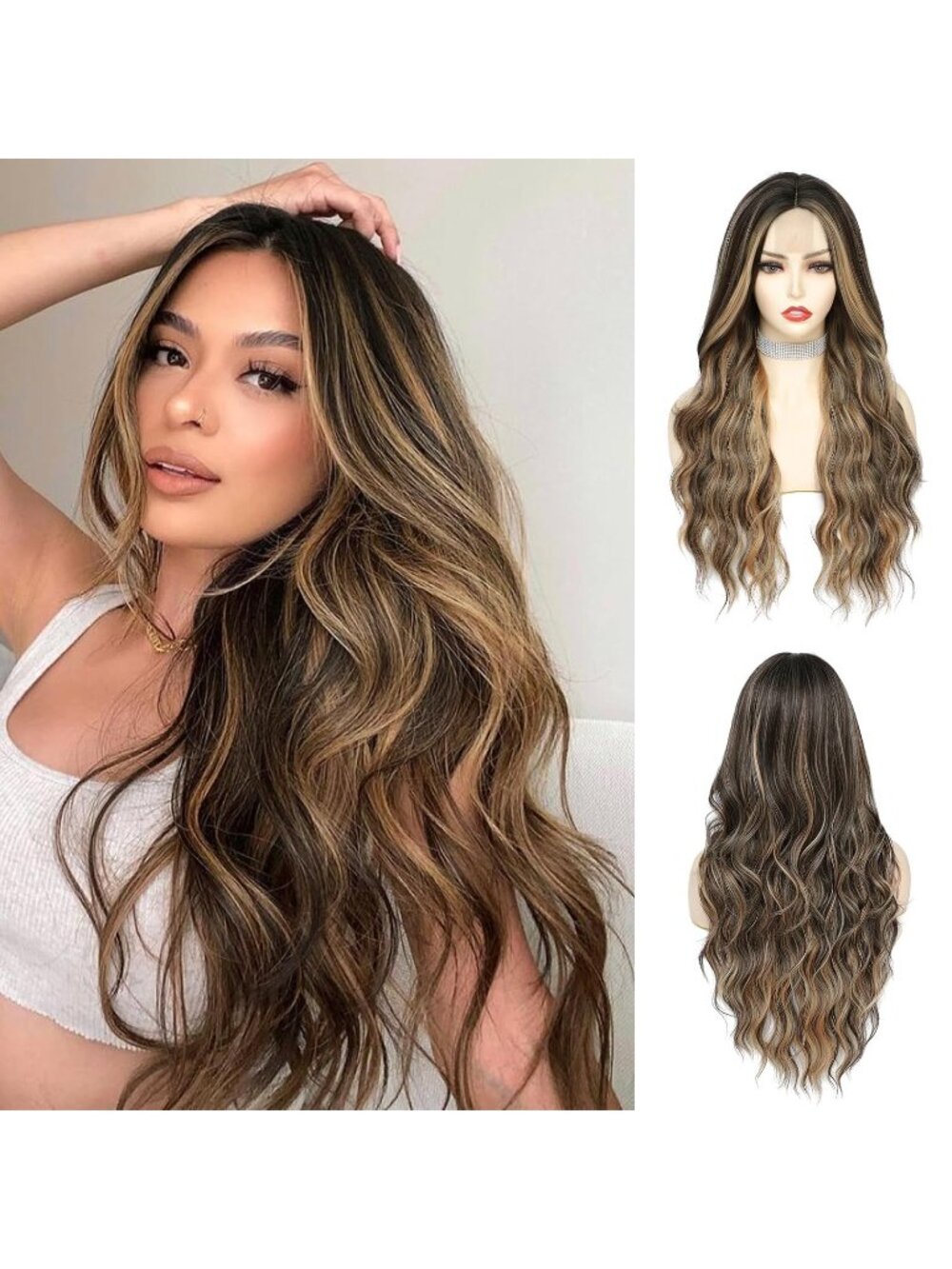 Women's Balayage Brown 26 Inch Natural Looking Heat Resistant Long Wavy Wigs